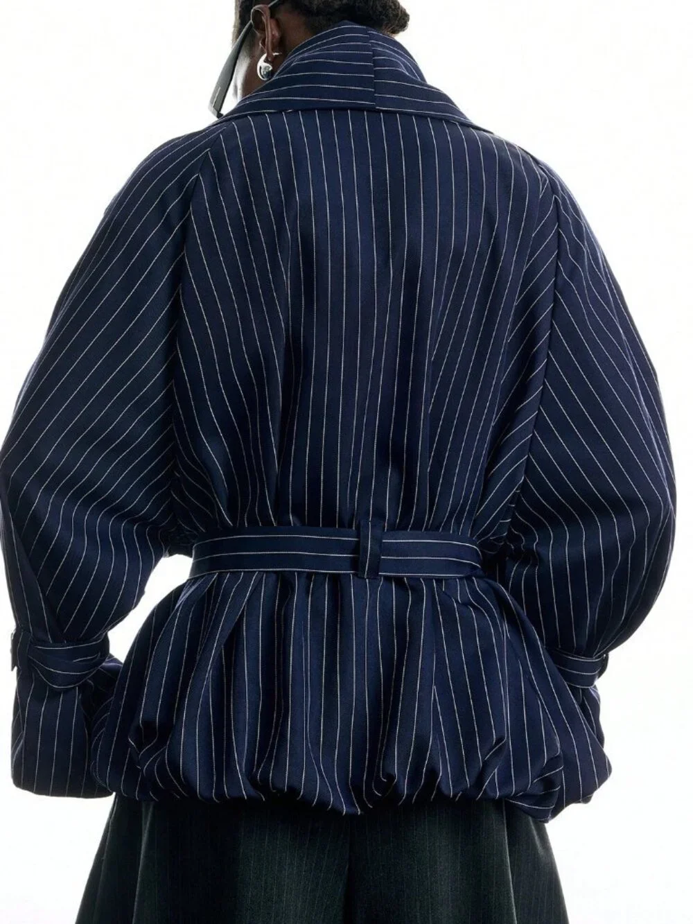Navy Blue Casual Women's Striped Shoulder Long Sleeve Waist Tie Trench Coat